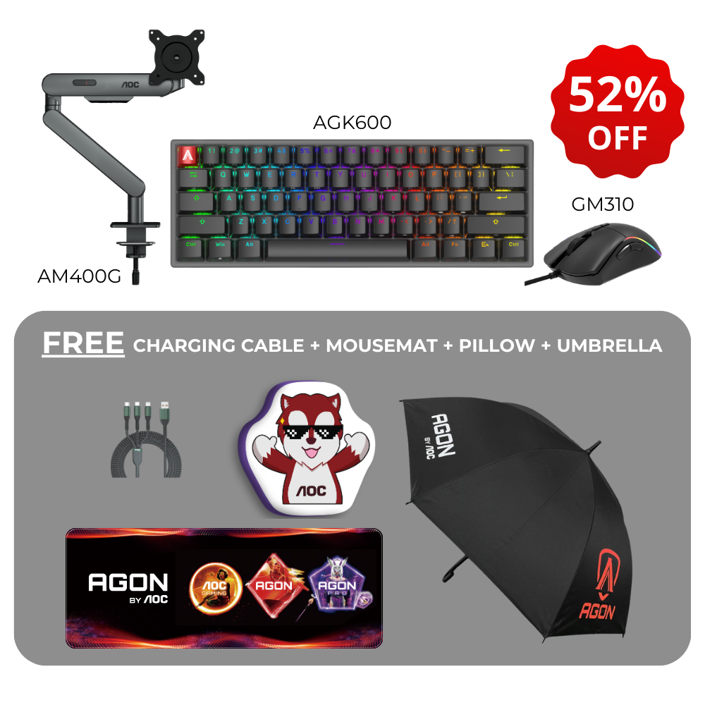 [FREE CABLE + MOUSEMAT + PILLOW+UMBRELLA] AOC ONLINE EXCLUSIVE Pro-Gamer Bundle (Gaming Keyboard + Gaming Mouse + Monitor Arm)